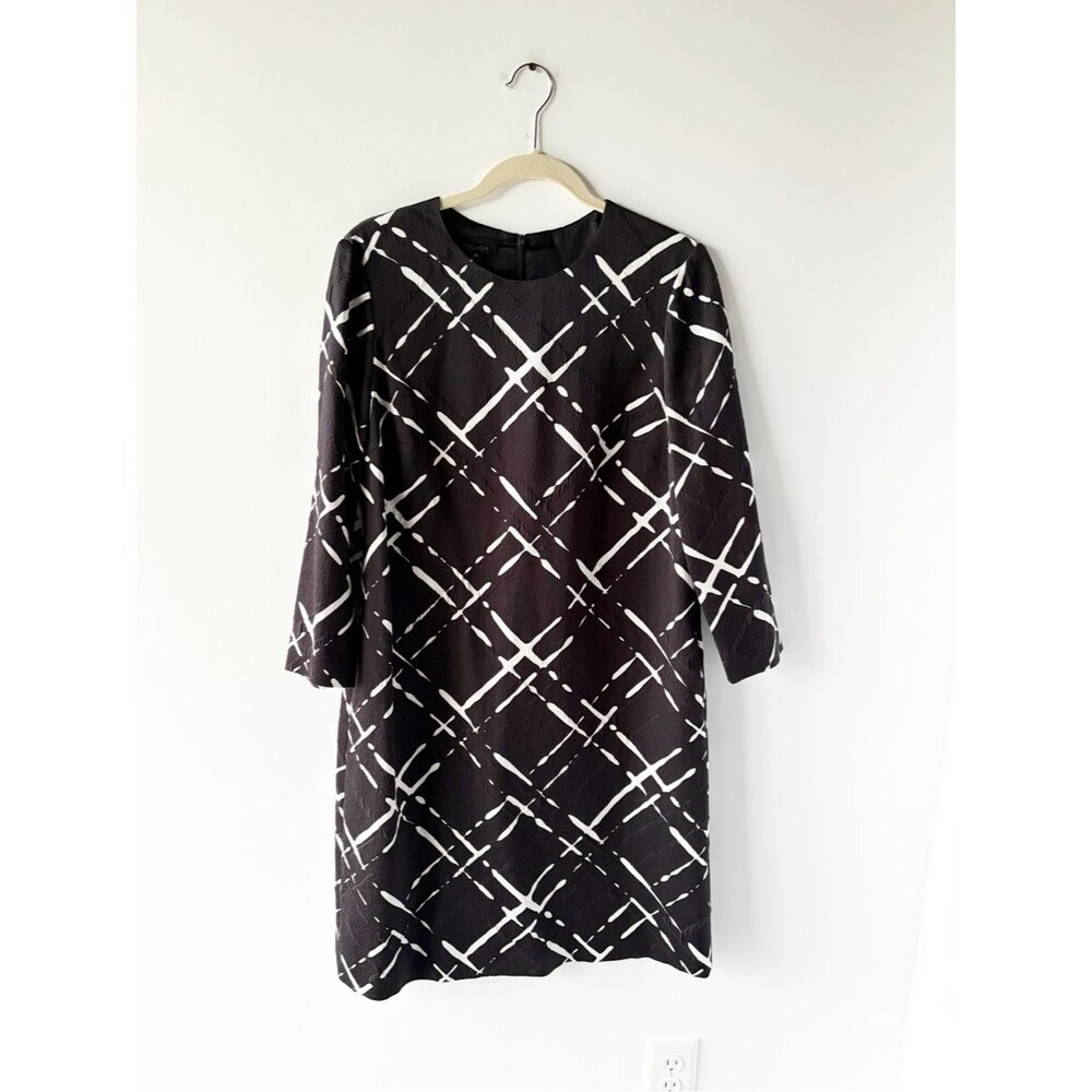 Escada Abstract Geometric Crosshatch Shift Dress Black White Long Sleeve 8